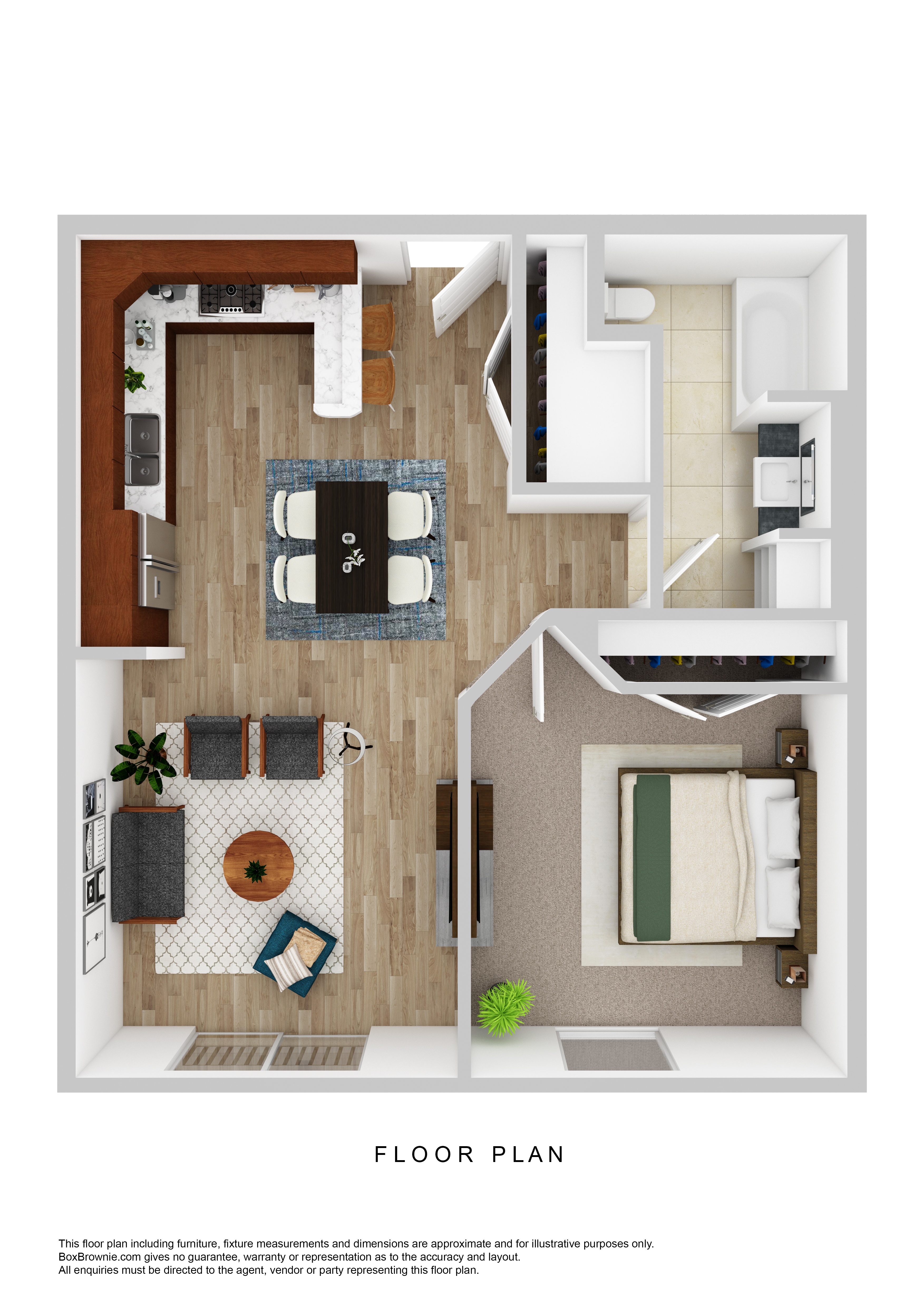 Floor plan for 1 bed, 1 bath, 673 sqft